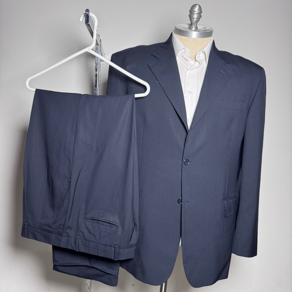 Gazarini Uomo Suit Mens 46L W40 Navy Blue Solid Vitale Barberis Canonico Wool